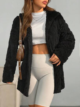 SHEIN EZwear معطف أبيض فضفاض وغير رسمي ذو كتف منخفض وجيب مرقع وأكمام طويلة مبطنة بالفراء ومقنع للشتاء