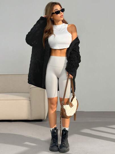 SHEIN EZwear معطف أبيض فضفاض وغير رسمي ذو كتف منخفض وجيب مرقع وأكمام طويلة مبطنة بالفراء ومقنع للشتاء