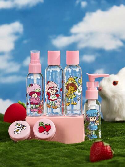 Strawberry Shortcake X SHEIN مجموعة 6 حاويات شفافة للسفر ذات شخصيات كرتونية بتصميم الفراولة (10 جم*2، 40 مل*2، 60 مل*2)