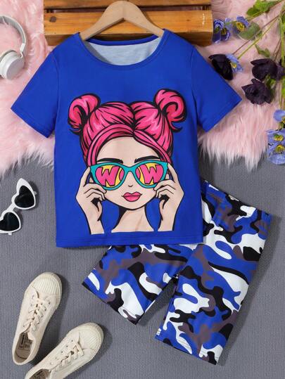 girls-sets Streecool Kids مجموعة من قطعتين تتكون من ملابس علوية بياقة مستديرة بطبعة كرتونية وشورت بطبعة الكامو للبنات المراهقات، صيفي