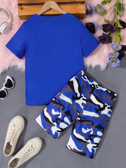 girls-sets Streecool Kids مجموعة من قطعتين تتكون من ملابس علوية بياقة مستديرة بطبعة كرتونية وشورت بطبعة الكامو للبنات المراهقات، صيفي