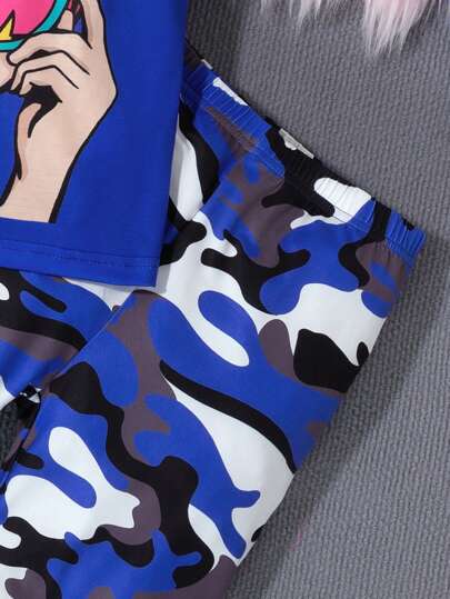 girls-sets Streecool Kids مجموعة من قطعتين تتكون من ملابس علوية بياقة مستديرة بطبعة كرتونية وشورت بطبعة الكامو للبنات المراهقات، صيفي