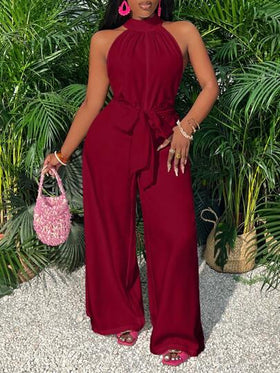 Slaydiva جمبسوت مرتفعة الياقة ذات سراويل هارم منقسمة مع جيوب - جمبسوت عنابية ، جمبسوت نسائية للعطلات، جمبسوت حمراء