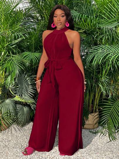 Slaydiva جمبسوت مرتفعة الياقة ذات سراويل هارم منقسمة مع جيوب - جمبسوت عنابية ، جمبسوت نسائية للعطلات، جمبسوت حمراء