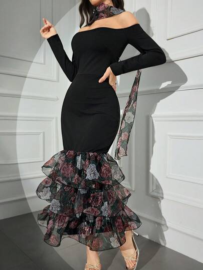Modelyn فستان سهرة طويل نسائي بقصة من الكتف برقبة ملائمة، وأكمام طويلة من التول المطبع بالأزهار والتباين، وذيل السمكة الطويل