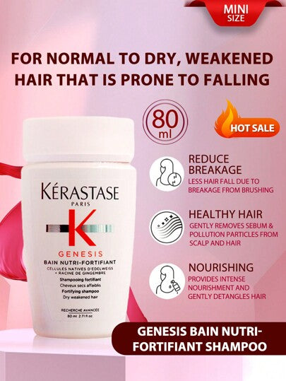 Kérastase كيراستاز [ميني] جينيسيس شامبو مغذي ومقوي، 80 مل. شامبو مقوي مناسب للشعر العادي إلى الجاف والهش والسهل الانكسار، خاصة للشعر المعرض للتكسر من التمشيط. يوفر تغذية عميقة للشعر الهش المعرض للتكسر.