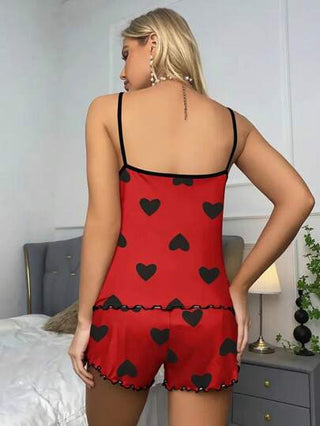 طقم نوم للنساء توب ذو أشرطة رفيعة وظهر مكشوف وشورت مطبوع بقلب