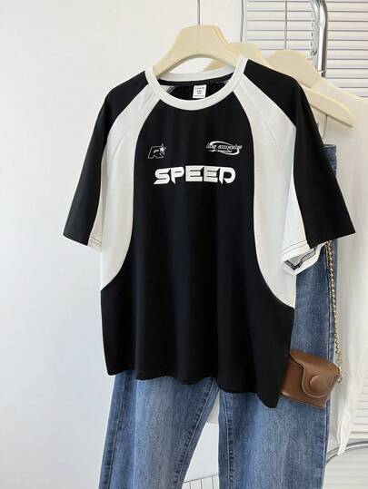 ملابس بناتي تي شيرت T-shirt أكبر من المعتاد بأكمام متباينة رجلان وطباعة شخصية للمراهقات الكاجوال الفضفاض