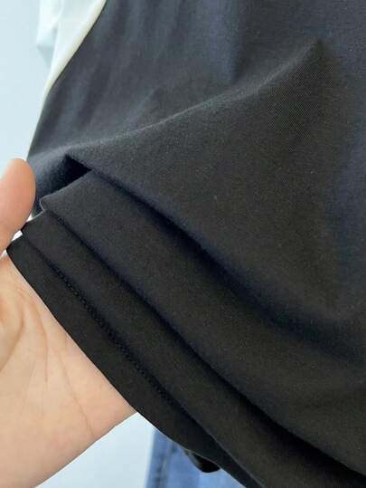 ملابس بناتي تي شيرت T-shirt أكبر من المعتاد بأكمام متباينة رجلان وطباعة شخصية للمراهقات الكاجوال الفضفاض