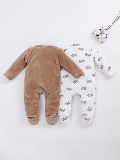 SHEIN طقم جمبسوت طويلة الأكمام كاجوال للأولاد الرضع بطباعة قطة مع إغلاق بأزرار عدد 2 قطعة