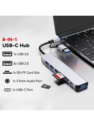 مفرع USB C محور USB 3.0، VIENON ألمنيوم 8 في 1 فرع USB مع 1 * USB 3.0 ، 3 * USB 2.0 و 1 * USB C ، قارئ بطاقة SD/TF ، منافذ سماعة رأس/صوت 3.5 مم متوافقة مع MacBook Pro Air و المزيد من أجهزة الكمبيوتر الشخصي/الكمبيوتر المحمول/الأجهزة اللوحية/هواتف Galaxy