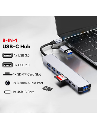 مفرع USB C محور USB 3.0، VIENON ألمنيوم 8 في 1 فرع USB مع 1 * USB 3.0 ، 3 * USB 2.0 و 1 * USB C ، قارئ بطاقة SD/TF ، منافذ سماعة رأس/صوت 3.5 مم متوافقة مع MacBook Pro Air و المزيد من أجهزة الكمبيوتر الشخصي/الكمبيوتر المحمول/الأجهزة اللوحية/هواتف Galaxy