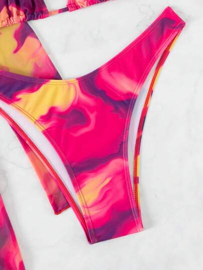 Swim Vcay مجموعة بيكيني قابلة للفصل مكونة من قطع متعددة بطبعات زهور وبنطلون قصير برباط، تصميم الرباط الضيق والتزيين بالريش لإضفاء مزيد من الأنوثة والجاذبية، مثالية للتمتع بالشاطئ وحمامات السباحة.