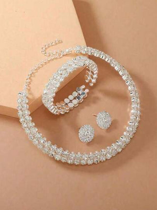 طقم تاج مجوهرات فاخر مكون من قلادة وأقراط وسوار مرصع بالكريستالات والراينستون، اكسسوارات أنيقة لحفلة العروس