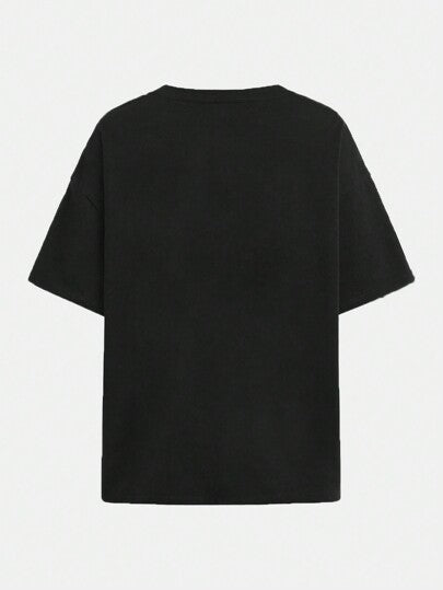 EZwear تي شيرت نسائي كاجوال أسود وأبيض بطبعة بورتريه كبير الحجم ذو ياقة مستديرة وأكمام قصيرة ، مصنوع من خليط قطني، مناسب للصيف، موديل جنسي