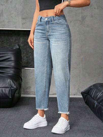 SHEIN Essnce سراويل جينز نسائية بخمس جيوب وأذيال خام بنمط بسيط، ملابس كاجوال
