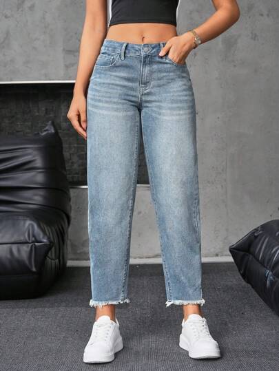 SHEIN Essnce سراويل جينز نسائية بخمس جيوب وأذيال خام بنمط بسيط، ملابس كاجوال