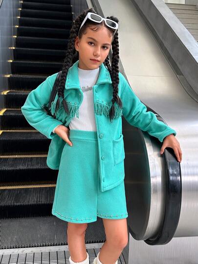 SHEIN Explorewe مجموعة معطف وسراويل للفتيات المراهقات 2 قطعة، معطف كاجوال مع إكسسوارات صغيرة وشراريب وتنورة غير متماثلة
