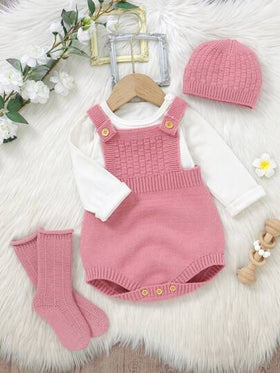 SHEIN Vintaside Kids طقم السرحال المحبوك للبنات الرضع، قبعة كيوت، بنطلون ذو سراويل معلقة وجوارب دافئة