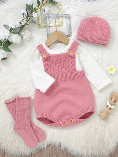 SHEIN Vintaside Kids طقم السرحال المحبوك للبنات الرضع، قبعة كيوت، بنطلون ذو سراويل معلقة وجوارب دافئة