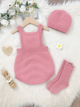 SHEIN Vintaside Kids طقم السرحال المحبوك للبنات الرضع، قبعة كيوت، بنطلون ذو سراويل معلقة وجوارب دافئة