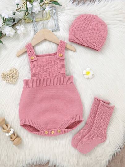 SHEIN Vintaside Kids طقم السرحال المحبوك للبنات الرضع، قبعة كيوت، بنطلون ذو سراويل معلقة وجوارب دافئة
