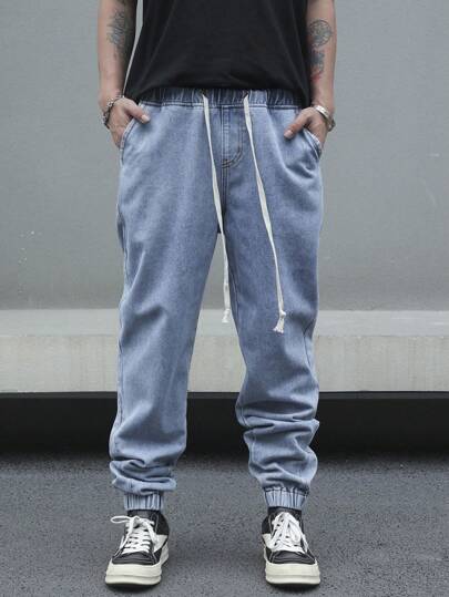 Manfinity Hypemode بنطال جينز رجالي عصري بجيوب وسحاب، جينز بخطوط مستقيمة طويلة بلون أزرق فاتح، بناطيل كارجو مع سحاب، مناسبة كهدية للزوج أو الصديق