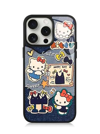 Sanrio غطاء واقي للهاتف المصنوع من الزجاج مع إطار أسود ومطبوع عليه هيلو كيتي الجينز للقطة السوداء متوافق مع آيفون