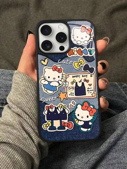 Sanrio غطاء واقي للهاتف المصنوع من الزجاج مع إطار أسود ومطبوع عليه هيلو كيتي الجينز للقطة السوداء متوافق مع آيفون
