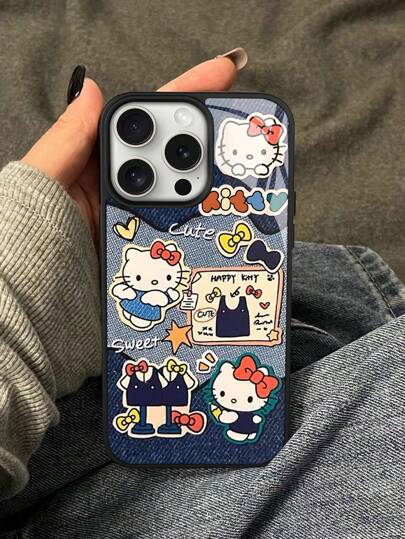 Sanrio غطاء واقي للهاتف المصنوع من الزجاج مع إطار أسود ومطبوع عليه هيلو كيتي الجينز للقطة السوداء متوافق مع آيفون