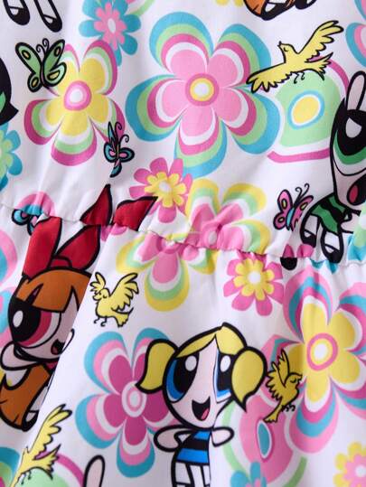 فساتين بيبي THE POWERPUFF GIRLS X  فستان نزول طفلة طباعة كرتونية ملونة من الأزهار والفراشات ، صيفي
