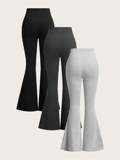 EZwear بنطلون نسائي بخصر عالي ذو تصميم ضيق وواسع عند القدم لون سادة 3 قطع، مناسب للصيف والخريف