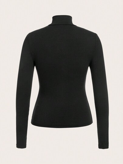 SHEIN BASICS بلوزة تيشيرت بأكمام طويلة وياقة مرتفعة ضيقة عادية مبطنة للنساء
