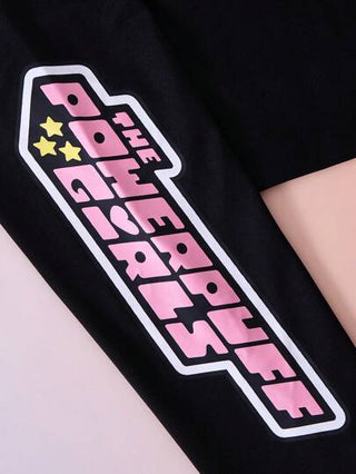 girls sets THE POWERPUFF GIRLS X  طقم بلوزة رياضية بياقة مستديرة ذات طباعة كرتونية أنيقة باللون البنفسجي ولباس ضيق بطباعة حرف أسود للبنات المراهقات