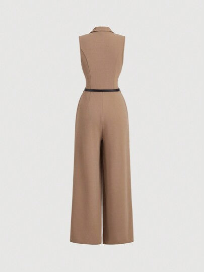 SHEIN MOD ترنج نسائي أنيق برقبة ذات واجهة، بساق واسعة، يومي عادي، مناسب للخريف والشتاء