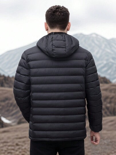 Manfinity Homme معطف رجالي كاجوال ذو لون أحادي مبطن بغطاء رأس، معطف شتوي كاجوال مبطن مبطن باللون الأسود للخروج، هدايا للأصدقاء والزوج والحبيب
