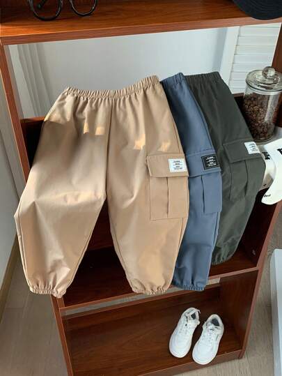 SHEIN مجموعة 3قطع سراويل رياضية كاجوال فضفاضة لفتيان, أسود وأزرق وخاكي, مناسبة للارتداء اليومي والمدرسة والخارج والرياضة, ربيع صيف خريف شتاء