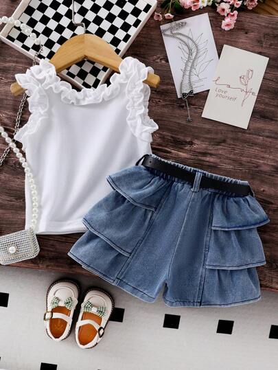 زي للبنات الرضع، ملابس علوية بيضاء + شورت جينز بتنورة مطوية