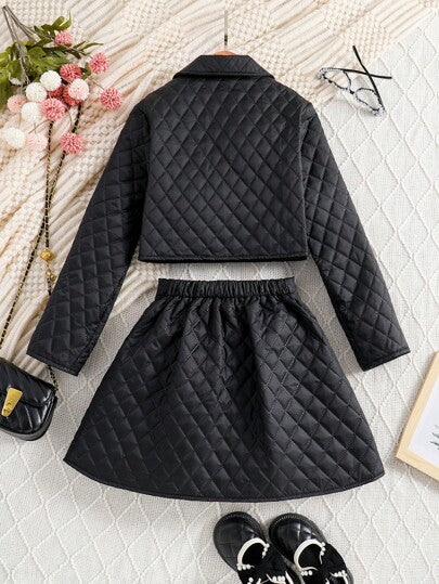 SHEIN بدلة كاجوال 2قطعة (جاكيت وتنورة) للمراهقات بطبعة معين سميكة كم طويل، لون أسود، موديل جديد لخريف وشتاء