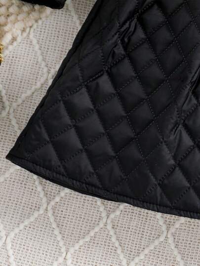 SHEIN بدلة كاجوال 2قطعة (جاكيت وتنورة) للمراهقات بطبعة معين سميكة كم طويل، لون أسود، موديل جديد لخريف وشتاء