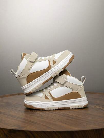 زوج واحد من الأحذية الرياضية ذات الكاحل العالي للأطفال، جلد بولي يوريثان، أحذية جري كاجوال للداخل والخارج، إغلاق بسهولة بحزام وثابت، خفيفة الوزن مانعة للانزلاق وقابلة للتنفس، مريحة، تصميم عتيق متعدد الألوان أنيق للبنين والبنات