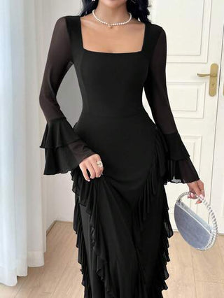 فساتين حريمي Modelyn فستان أنيق بأكمام مُنفِرجة وياقة مربعة للنساء باللون الأحادي، فستان سهرة طويل أنيق للربيع/الصيف
