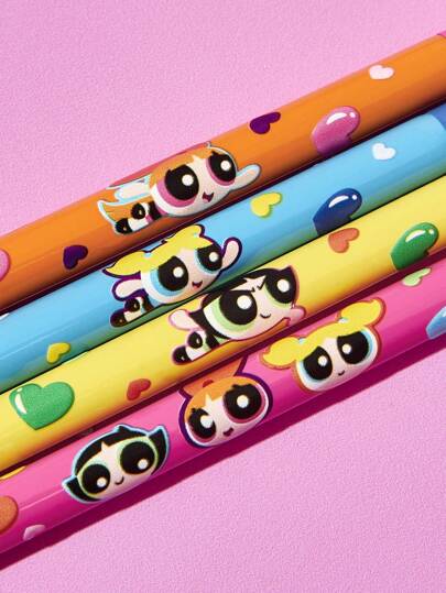 THE POWERPUFF GIRLS X SHEIN مجموعة 4 قطع من فرش مكياج بنقوش أشكال كرتونية جميلة، كزهرة ، فقاعات ، بتلة الأذرع وقلب، أدوات ماكياج العيون