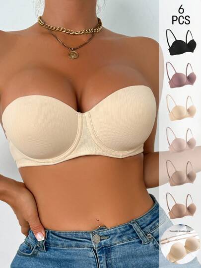 Shein Underwear&Sleepwear Basics 6قطع صدريات بدون إطار بأنماط جاكار منمنمة ذات لون أحادي للوقت الحر