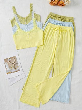 SHEIN طقم بيجامة للنساء يتكون من 3 قطع: ملابس علوية ظهر مفتوح مزينة بالدانتيل وبنطلون مستقيم بسحاب للخصر قطع عادية