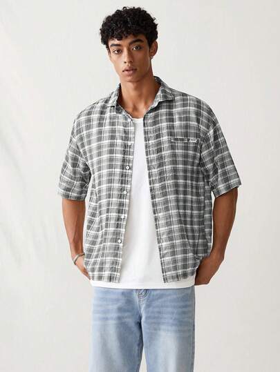 SWAVVY قميص كاجوال فضفاض بأكمام قصيرة بنمط مربعات للرجال