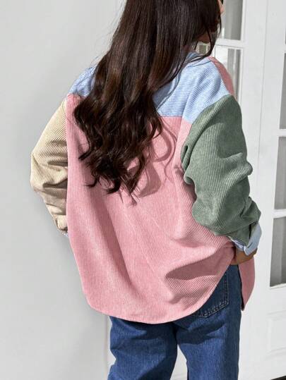 EZwear معطف من الكوردوروي مزين بطبعات حرفية ولوحة ألوان، بأكمام قصيرة للنساء في فصلي الربيع والخريف، بجيوب وياقة مرخية، فضفاض متعدد الألوان، معاطف نسائية للارتداء اليومي العادي