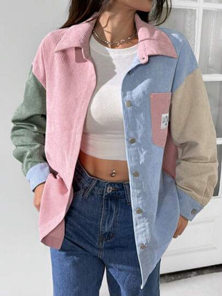 EZwear معطف من الكوردوروي مزين بطبعات حرفية ولوحة ألوان، بأكمام قصيرة للنساء في فصلي الربيع والخريف، بجيوب وياقة مرخية، فضفاض متعدد الألوان، معاطف نسائية للارتداء اليومي العادي