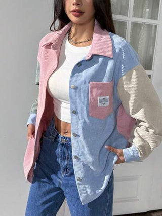 EZwear معطف من الكوردوروي مزين بطبعات حرفية ولوحة ألوان، بأكمام قصيرة للنساء في فصلي الربيع والخريف، بجيوب وياقة مرخية، فضفاض متعدد الألوان، معاطف نسائية للارتداء اليومي العادي