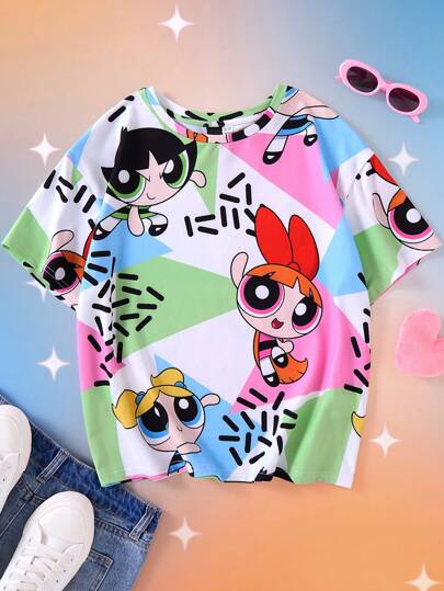 ملابس بناتي THE POWERPUFF GIRLS X  بلوزة قصيرة الأكمام كاجوال واسعة للصبايا المراهقات بطباعة مثلثات ملونة كرتونية ، صيفي